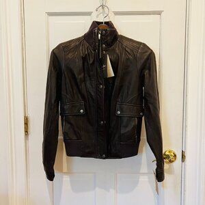 Cole Haan Black Lambskin Leather Moto Racer Zip Jacket Band Collar XS NWT$498